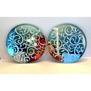 Vintage 8" Round Glass Mirror Candle Plate Frosted design beveled edge Vanity